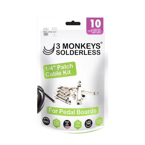 3 Monkeys 1/4" 10 plugs/10ft Cable Solderless Pedalboard Patch Cable Kit (Black)